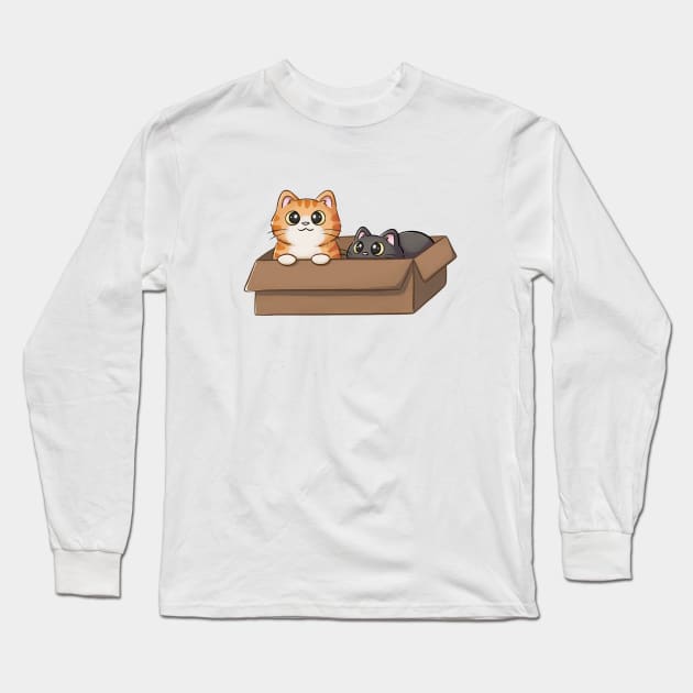 Cute Orange Cat And Black Cat In Box Long Sleeve T-Shirt by Meowrye